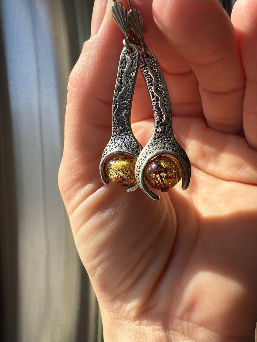 Vintage Darveau Textured Silver-Tone Drop Earrings with Gold Glass Orbs